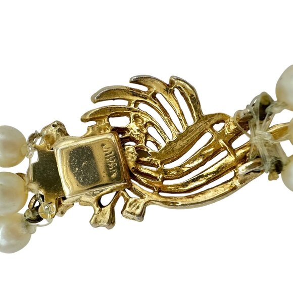 Vintage Triple-Strand Faux Pearl Necklace With Gold-Tone Rhinestone Clasp - Picture 4 of 8